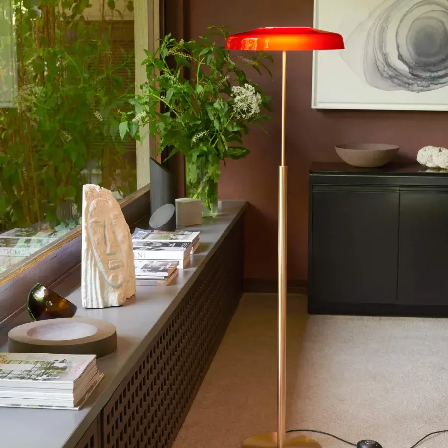 Superior Oluce Dora floor lamp with reddish-orange glass and golden-brass metal crafted in Italy