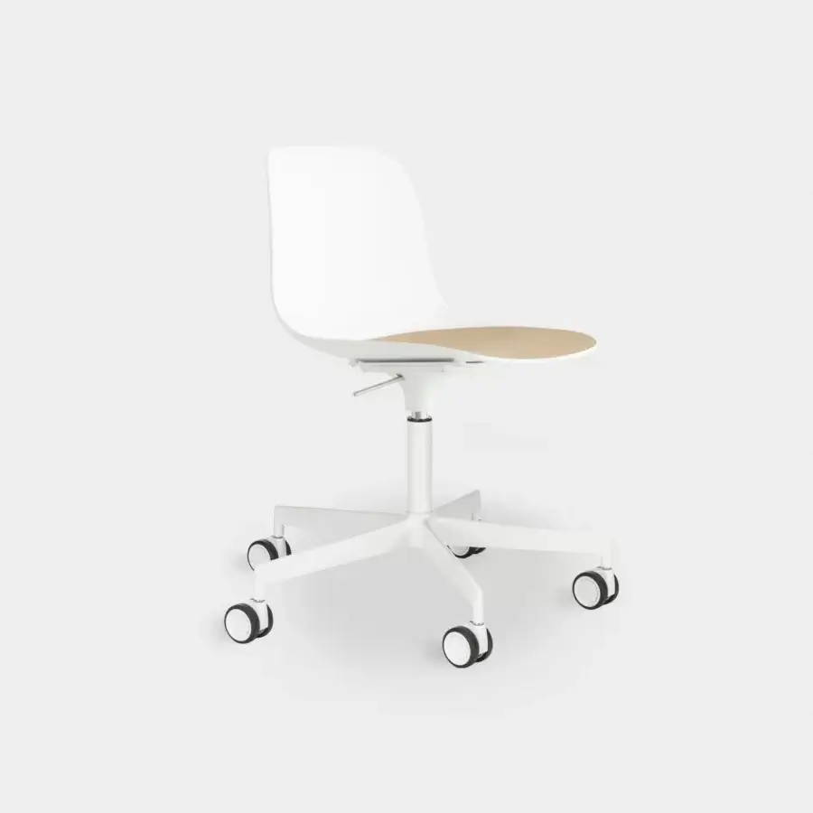 Distinguished Lapalma Seela office chair with a white polypropylene shell and light wood grain seat in a satin finish