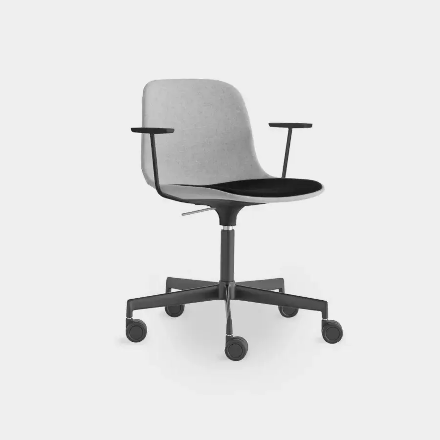 Superior Lapalma Seela office chair with a light gray textile shell and black seat in dark-toned metal with castors