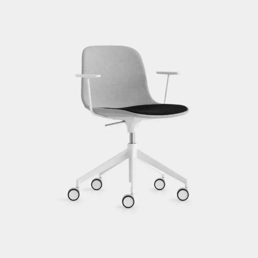 Exceptional Lapalma Seela office chair in light gray textured synthetic material with black textile and matte white metal base