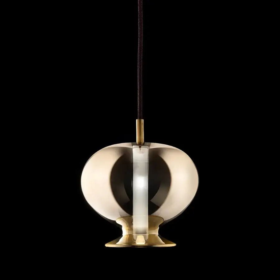 Luxury melogranoblu Opium suspension lamp with hand-blown glass encased in gold metallized metal and polished finish