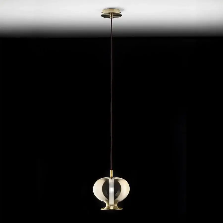 Exceptional melogranoblu Opium suspension lamp with hand-blown glass diffuser encased in gold metallized frame crafted in Italy