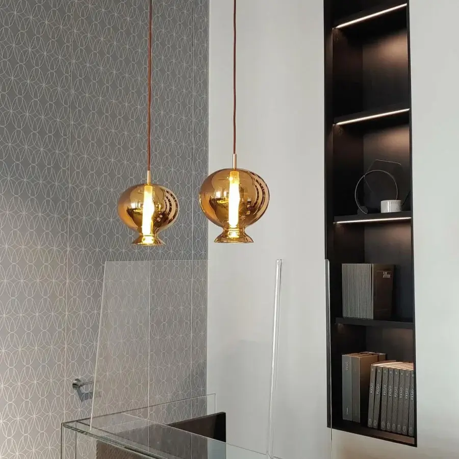 Exceptional melogranoblu Opium suspension lamp with hand-blown glass and a gold metallized surface