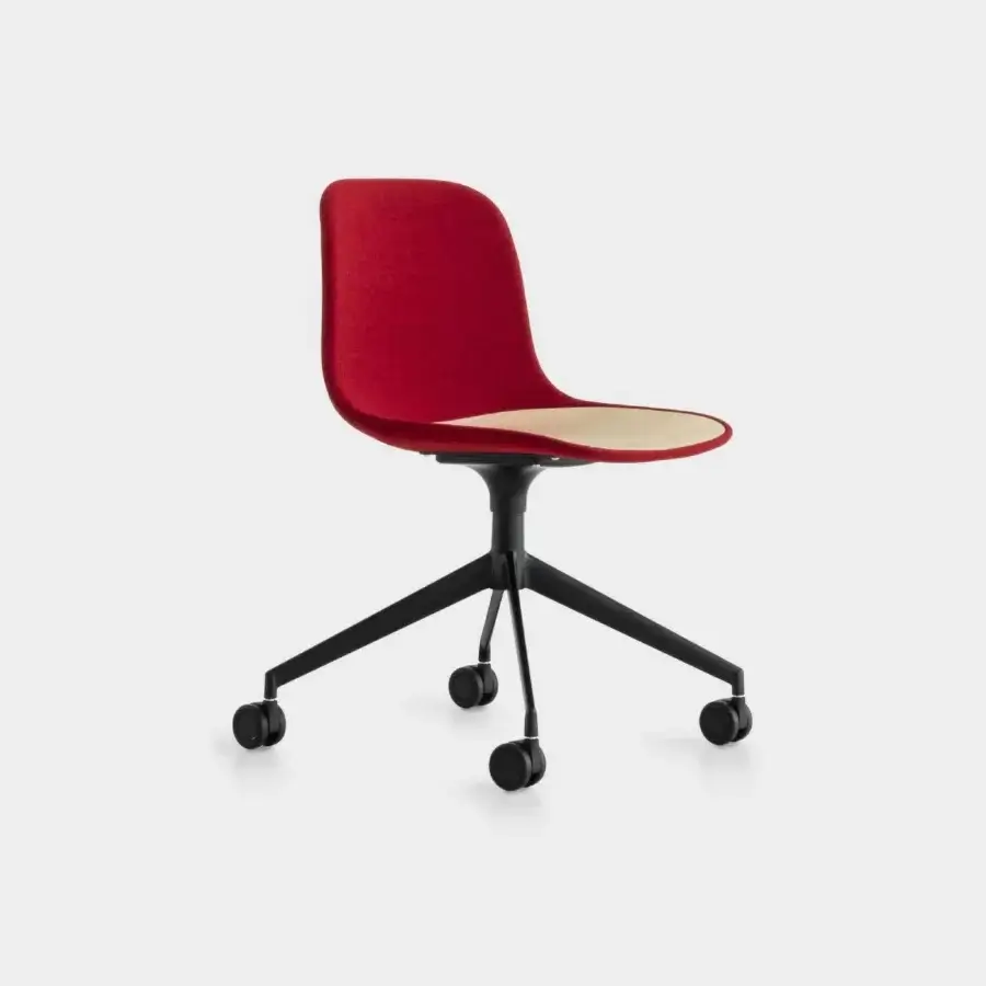 Elegant Lapalma Seela office chair with red polypropylene shell and light wood inset, built with a sandblasted aluminum trestle base