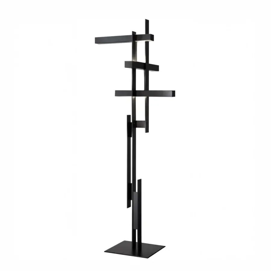 Exceptional Oluce Las floor lamp in matte black aluminum presents a captivating geometric form with integrated LED sources