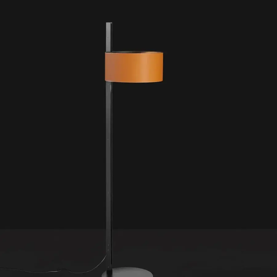 Superior Oluce Parallel floor lamp with a cylindrical lampshade crafted in leather brown hammered leather and a matt-black metallic frame