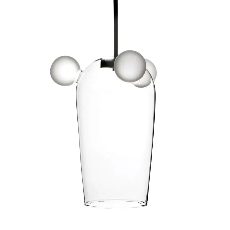Superior melogranoblu Bartolomeo suspension lamp with clear hand-blown glass and frosted white spheres in dark grey varnished metal