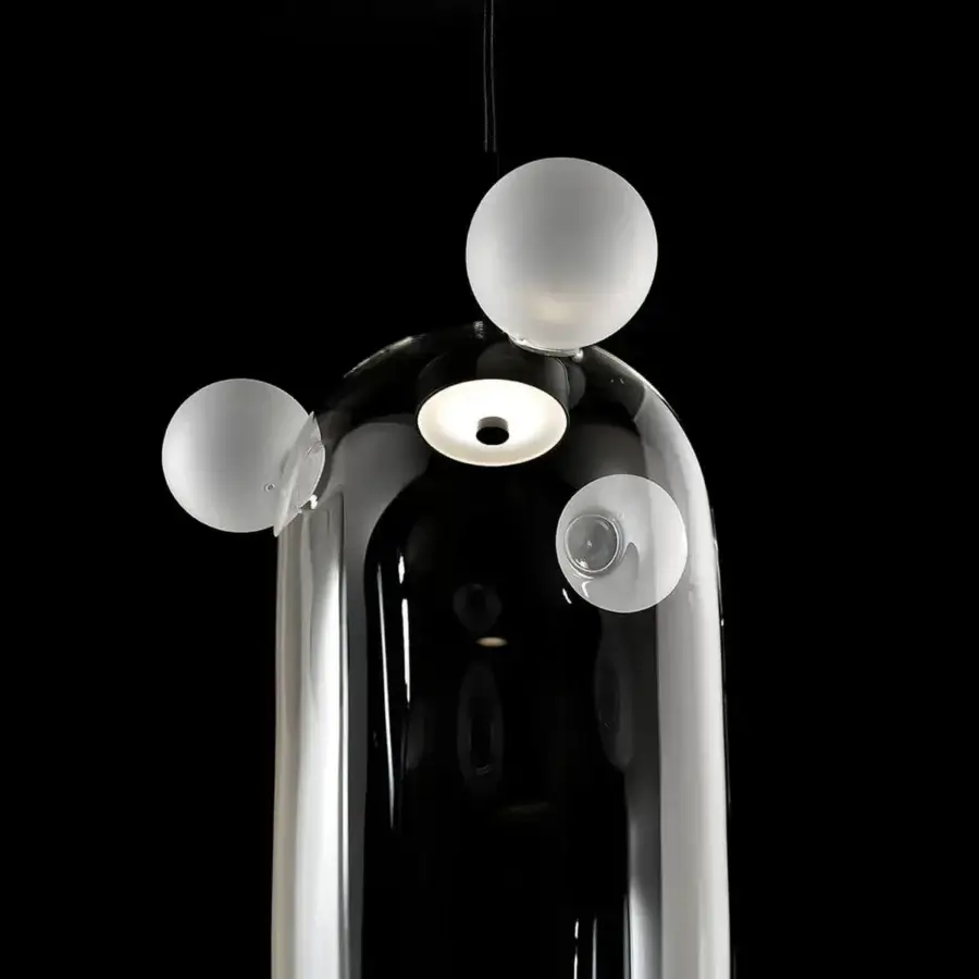 Elegant melogranoblu Bartolomeo suspension lamp with dark grey varnished metal and transparent hand-blown glass diffuser with frosted spheres