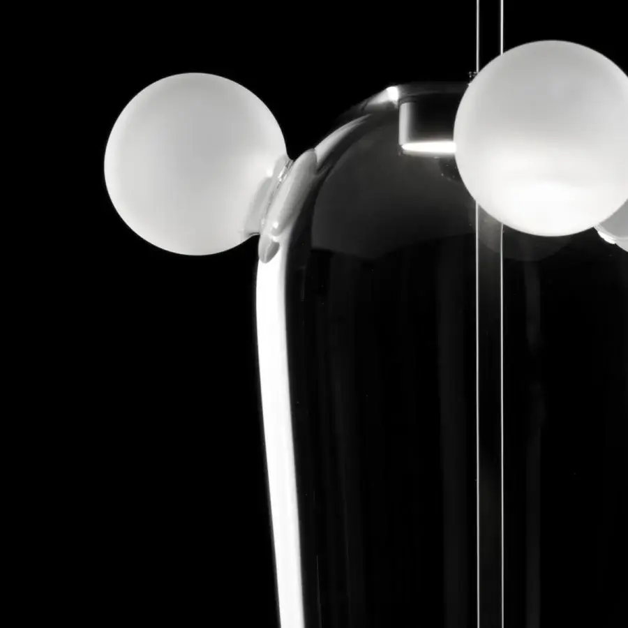 Distinguished melogranoblu Bartolomeo suspension lamp with transparent glass diffuser and dark grey varnished metal canopy
