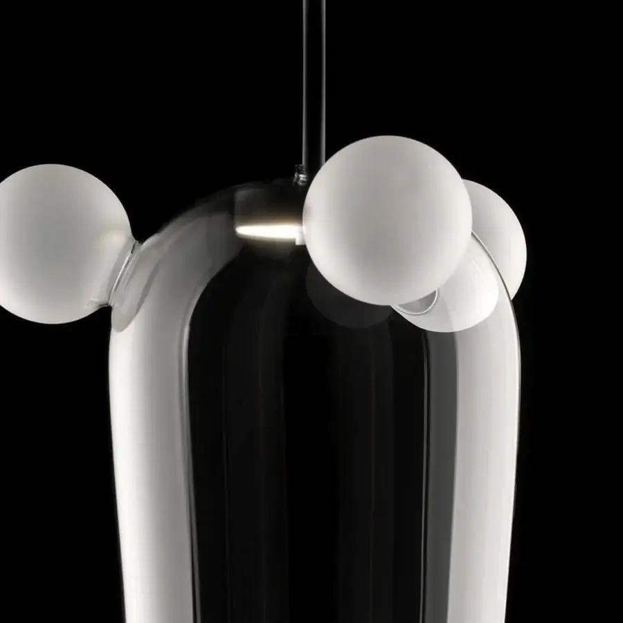 Superior melogranoblu Bartolomeo suspension lamp in silver-toned metal with frosted glass spheres and dark grey varnished canopy