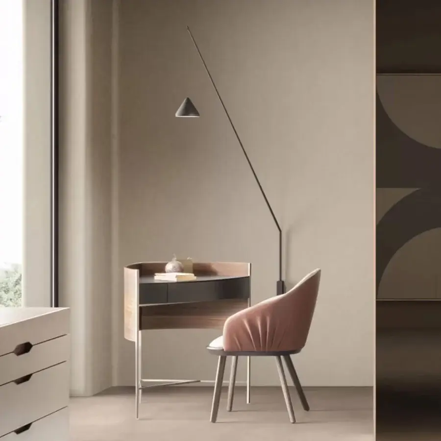 Superior Presotto Bloom desk with Metal Standard Pewter structure and curved sides in Eucalyptus Dark finish crafted with a leather top
