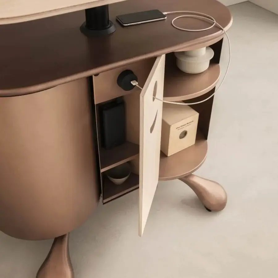 Superior Presotto Caddy desk with a multilayer Birch top and metal structure in a brownish-bronze finish, including a matt corda door