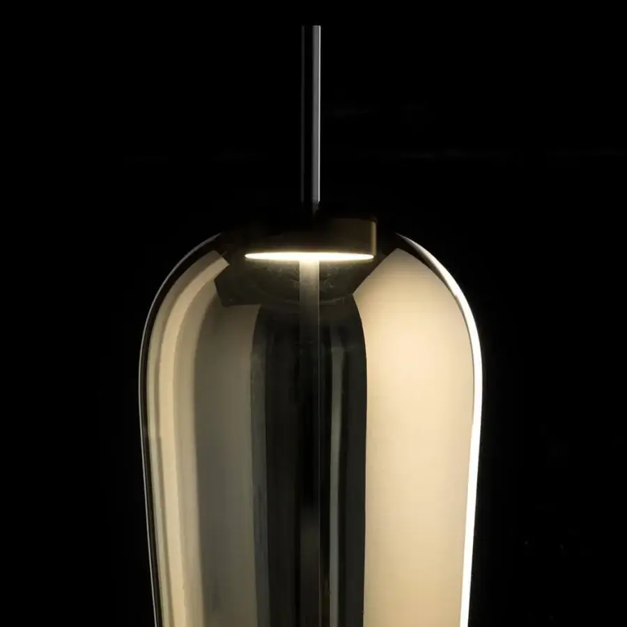 Distinguished melogranoblu Au Suspension Lamp with gold metallic finished glass and dark grey varnished metal structure crafted in Italy