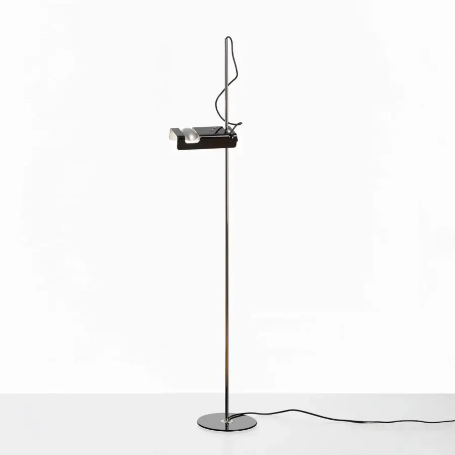 Superior Oluce Spider floor lamp crafted in fire-painted metal and chrome with a sleek matte black finish