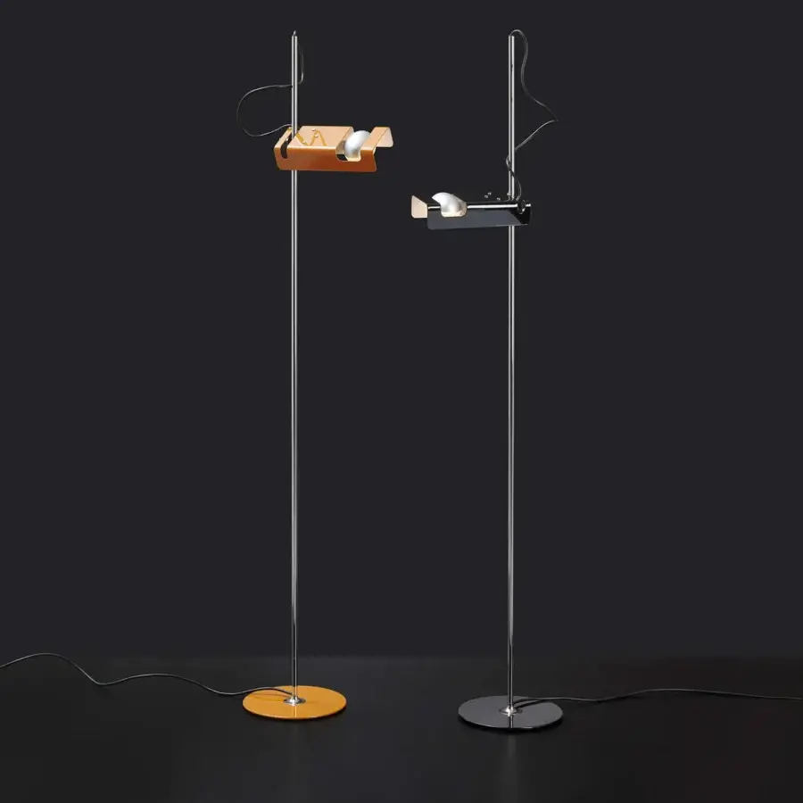 Distinguished Oluce Spider floor lamp crafted in fire-painted metal with a satin-finish chromed stem and adjustable head