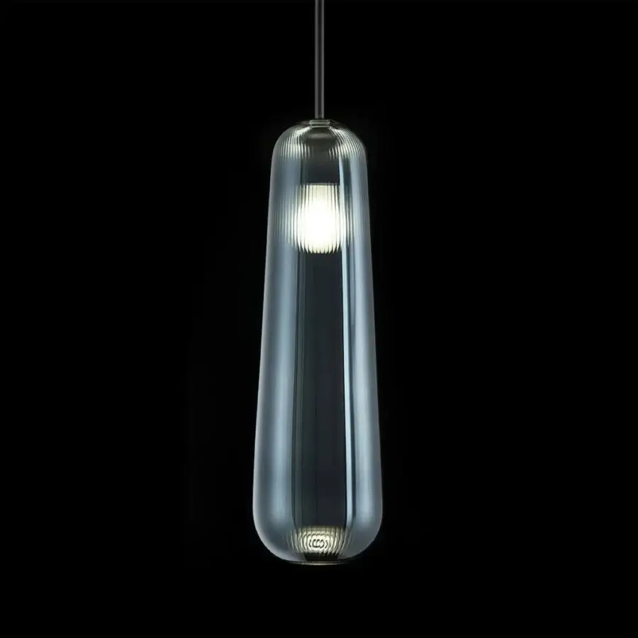 Distinguished melogranoblu Api suspension lamp crafted in sapphire blown glass with a delicate pleated texture and black fabric cable