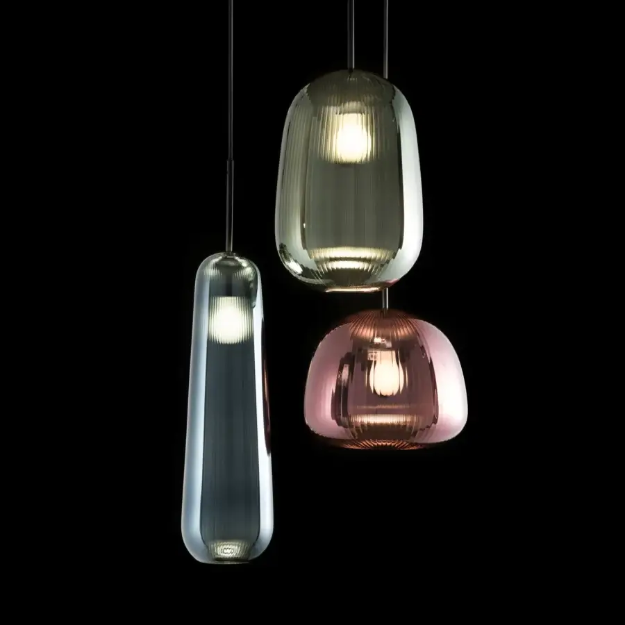 Superior melogranoblu Api suspension lamp crafted in translucent smoky grey-blue blown glass with a glossy finish