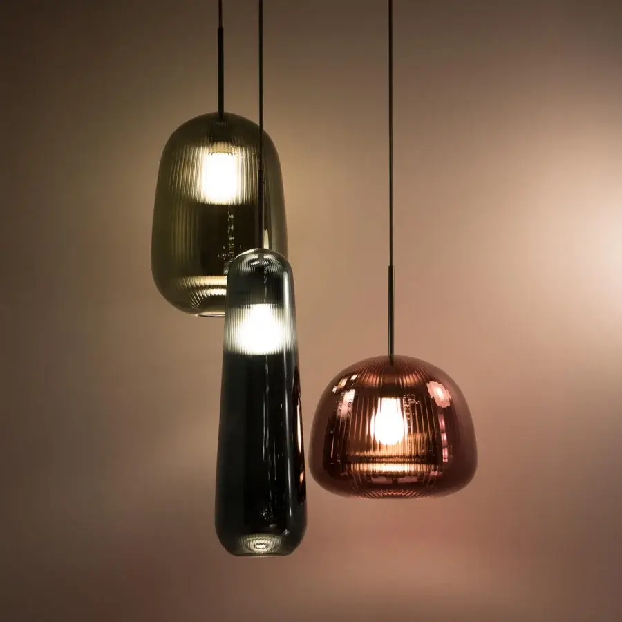 Elegant melogranoblu Api suspension lamp crafted in pleated smoky grey-blue blown glass with glossy finish