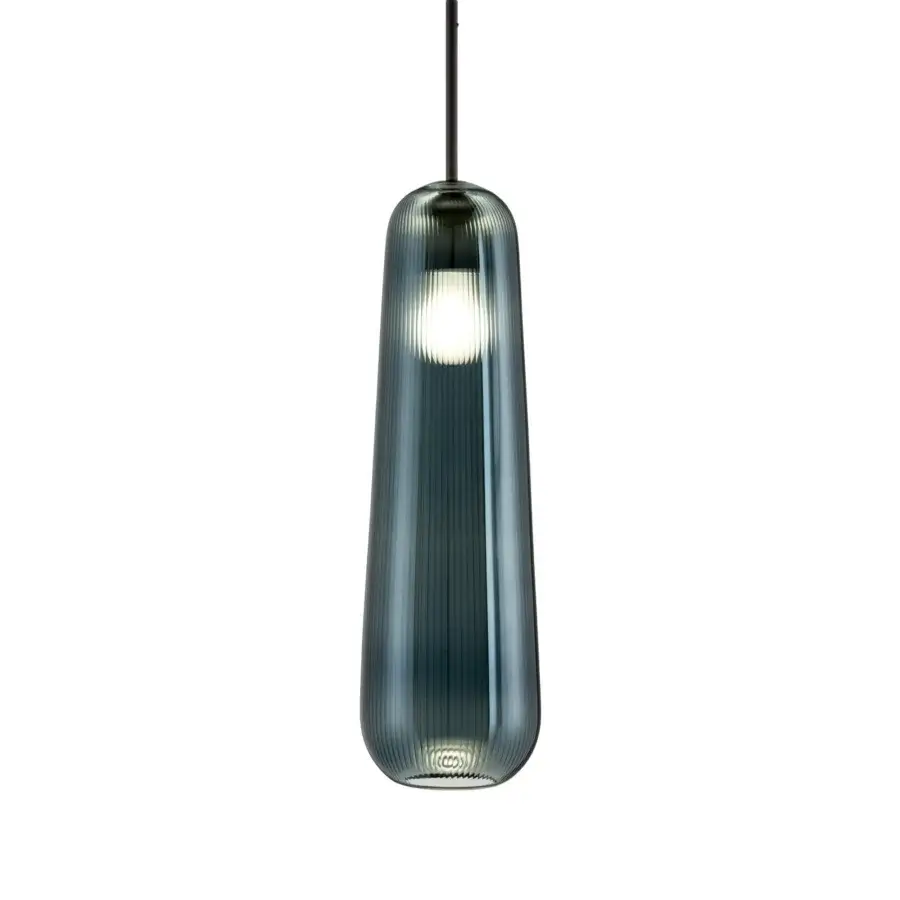 Exceptional melogranoblu Api suspension lamp crafted in sapphire pleated blown glass with black coated fabric cable