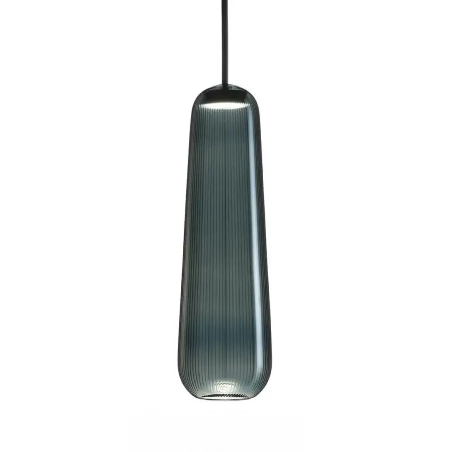 Superior melogranoblu Api suspension lamp crafted in sapphire pleated blown glass with black coated fabric cable