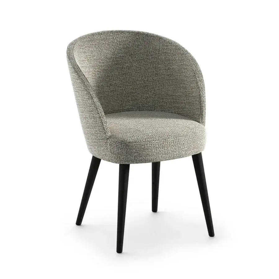 Superior Presotto Evia armchair with soft lines upholstered in light beige textured fabric and dark finished solid wood legs