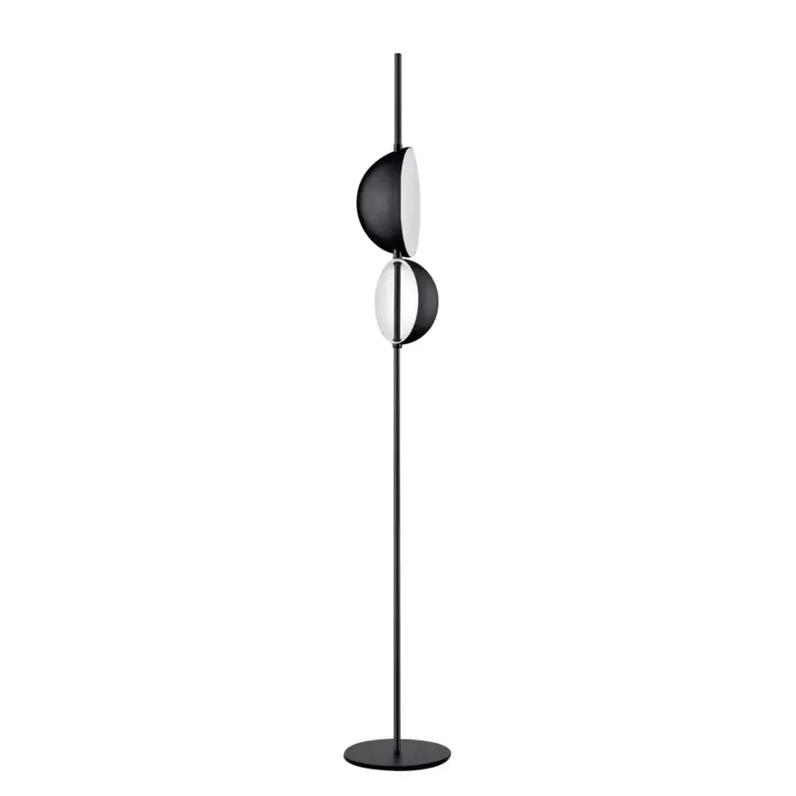 Elegant Oluce Superluna floor lamp crafted in metal with a black finish and white shade exhibiting an asymmetrical silhouette