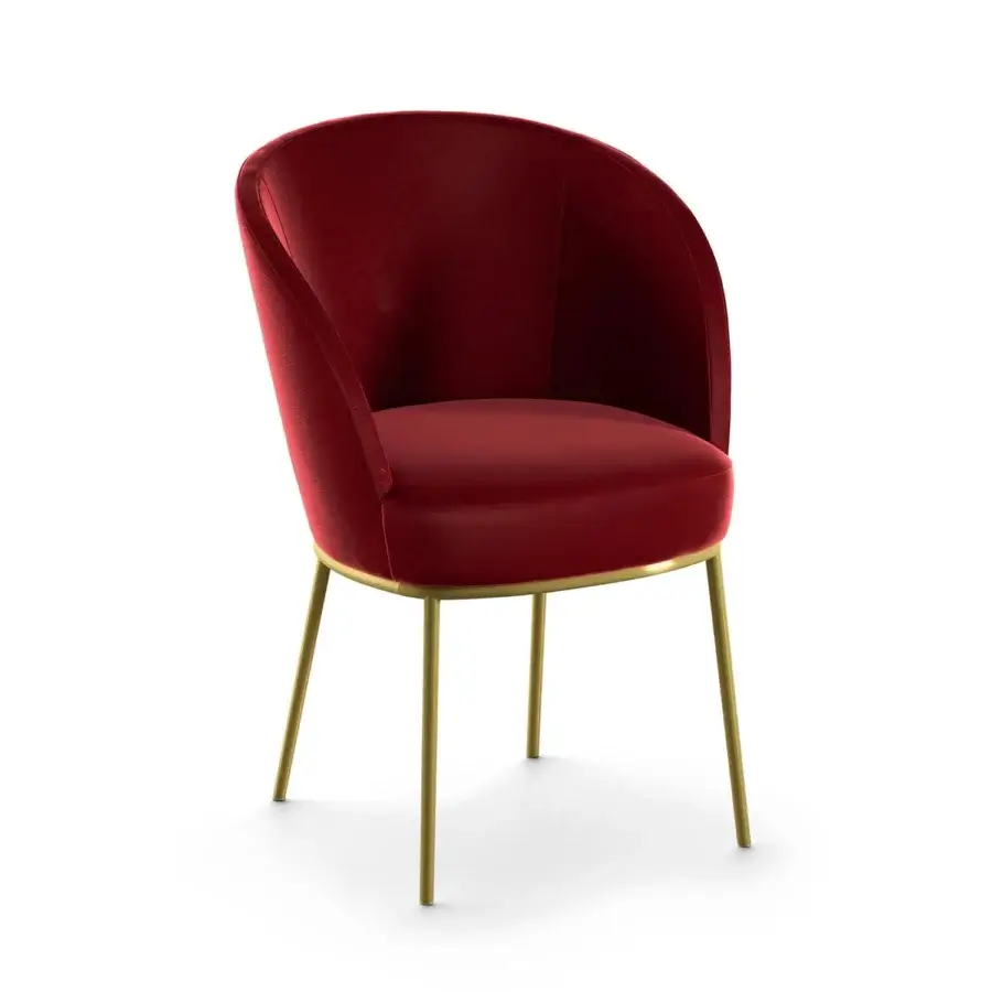 Stylish Presotto Evia armchair with inviting round lines upholstered in dark red textile and slender gold metal legs