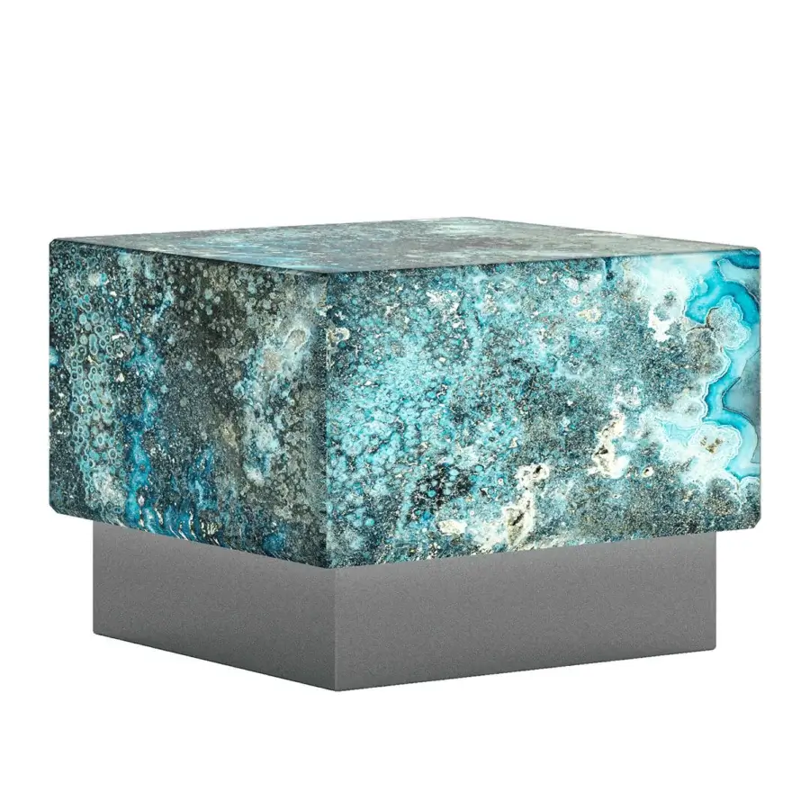 Distinguished Sicis Panarea side & coffee table with backlit Vetrite gem glass and polished stainless steel base