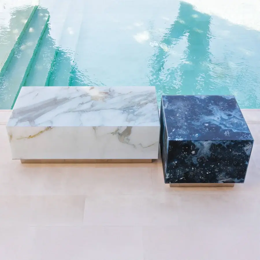 Lavish Sicis Panarea side & coffee table with backlit Vetrite gem glass and polished stainless steel base crafted in white stone with gold and grey veining