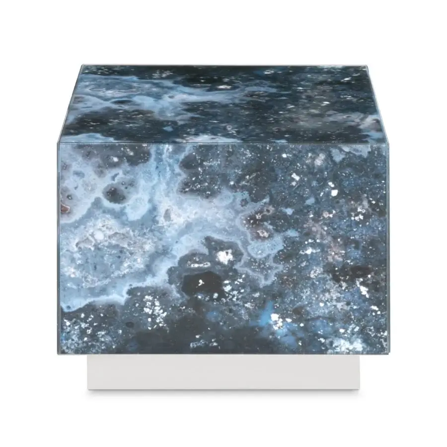 Innovative Sicis Panarea side & coffee table with swirling backlit Vetrite gem glass and polished stainless steel base