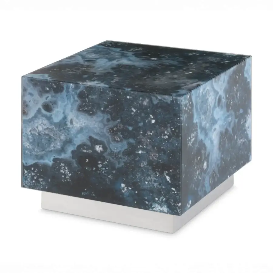 Superior Sicis Panarea side & coffee table with swirling backlit Vetrite gem glass and polished stainless steel base
