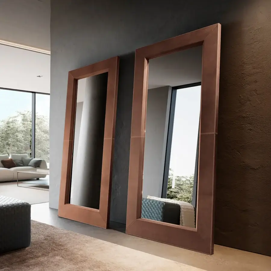 Exceptional Presotto Brera mirror with reddish-brown wood frame and subtle textural detailing in a matte finish