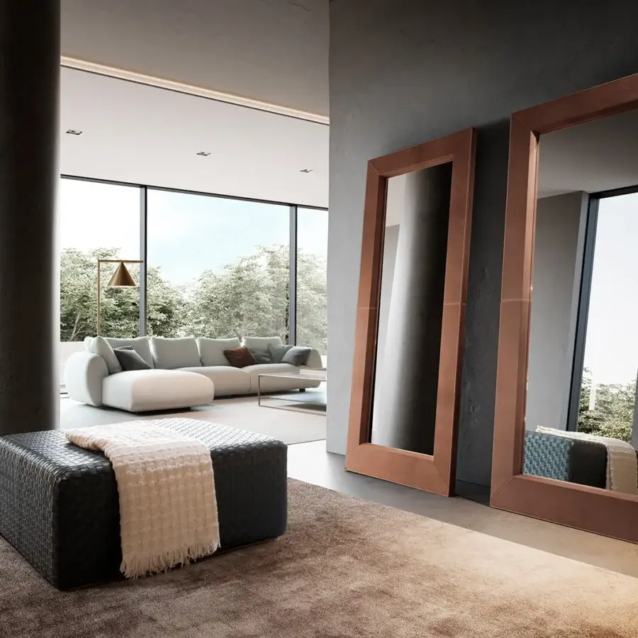 Distinguished Presotto Brera mirror with reddish-brown leather frame and smooth satin finish crafted in Italy