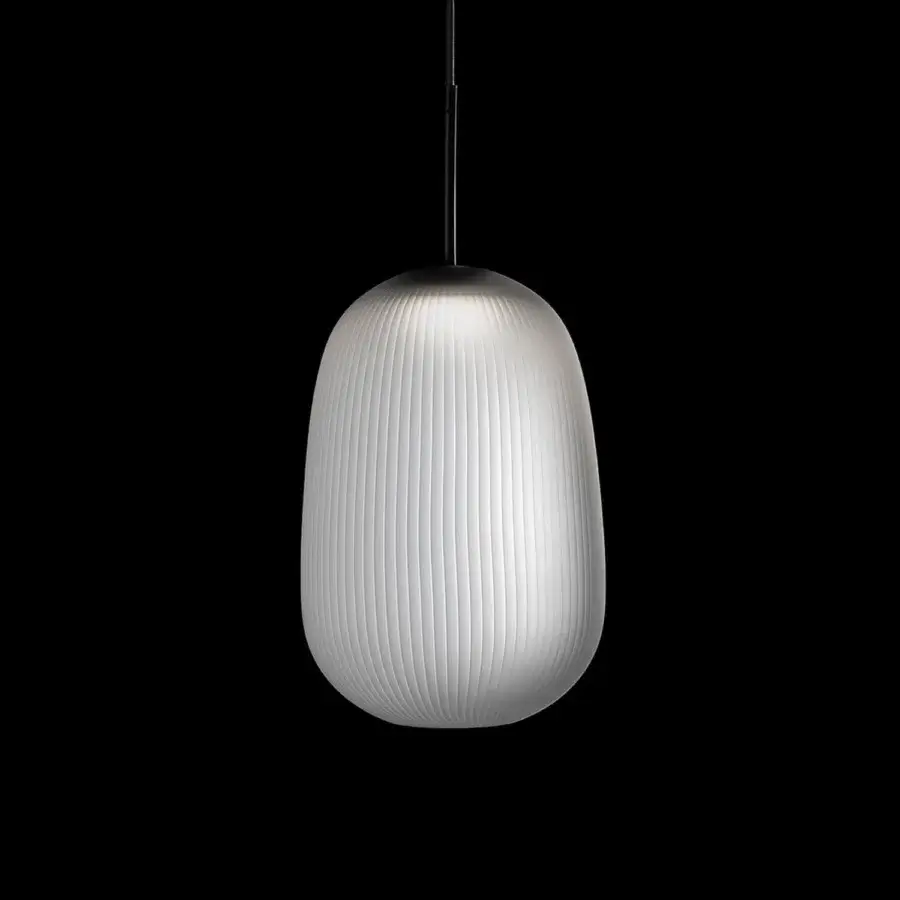 Elegant melogranoblu Maat suspension lamp crafted in sapphire pleated blown glass with matte finish and black coated fabric cable