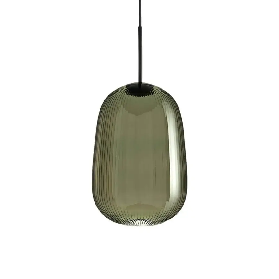 Elegant melogranoblu Maat suspension lamp in sapphire pleated blown glass with glossy olive green finish and black fabric cable