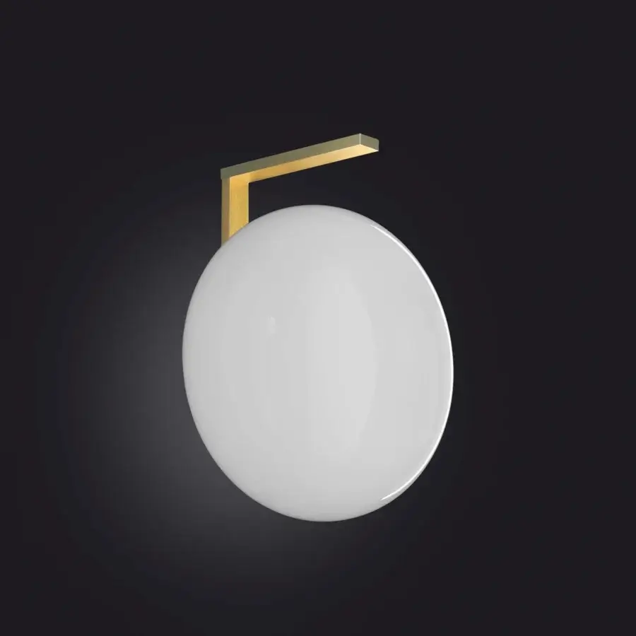 Distinguished Oluce Alba wall lamp in matte white with a satin gold-toned metal arm presents balanced proportions and curved lines