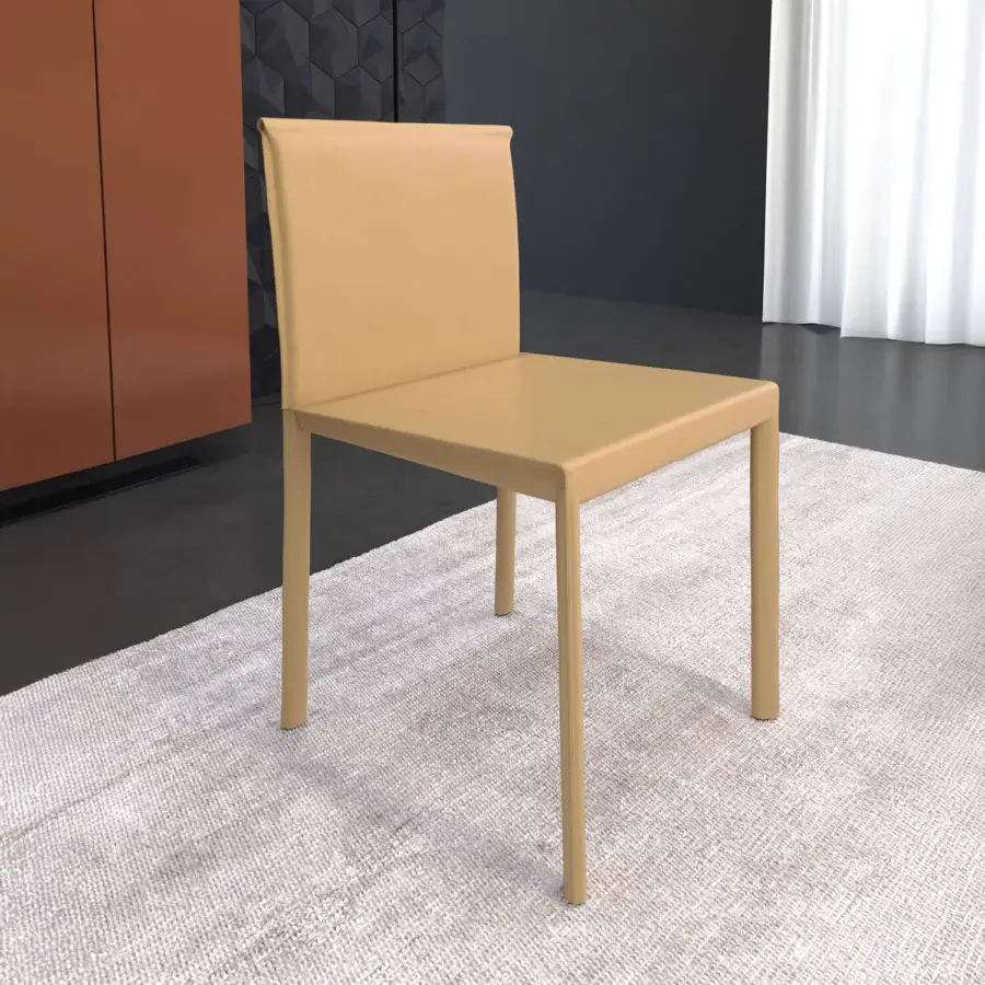 Refined Presotto Mia chair upholstered in smooth matte textile with a warm yellow-beige tone crafted in Italy
