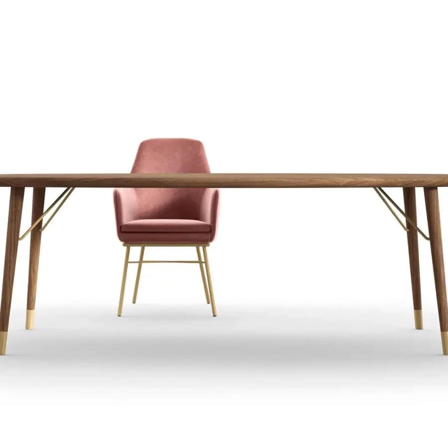 Elegant Presotto Merge table with a smooth dark brown wooden top and canaletto walnut finish legs with gold accents