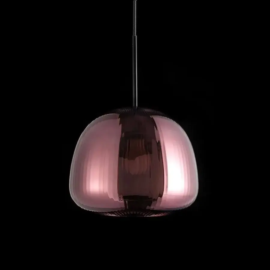 Distinguished melogranoblu Bes Suspension Lamp crafted in purple amethyst glass with pleated details and black coated fabric cable