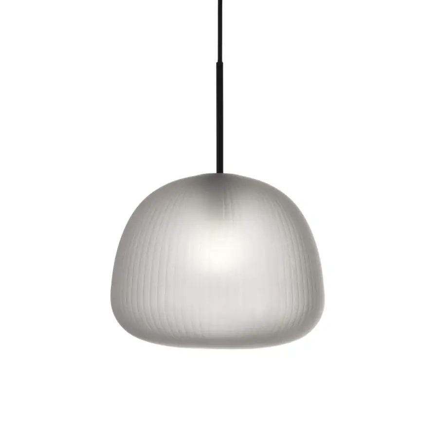 Distinguished melogranoblu Bes Suspension Lamp crafted in milky white blown glass with a satin finish and black coated fabric cable