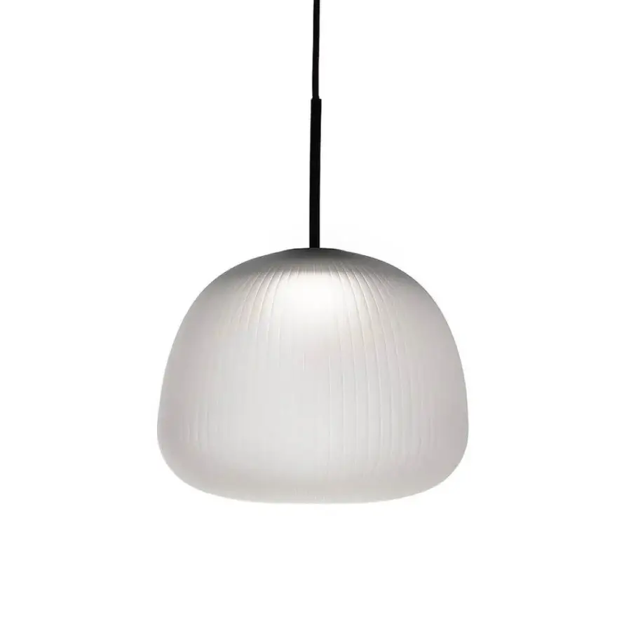 Exclusive melogranoblu Bes Suspension Lamp crafted in frosted milky white blown glass with black coated fabric cable