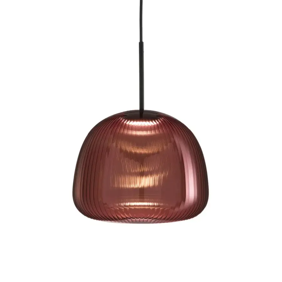 Distinguished melogranoblu Bes Suspension Lamp crafted in purple amethyst blown glass with delicate pleated texture and matte black coated fabric cable