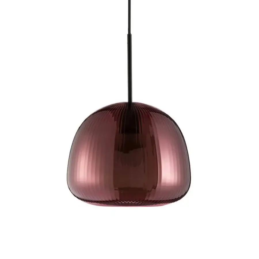 Elegant melogranoblu Bes Suspension Lamp crafted in plum amethyst blown glass with a glossy pleated effect and black coated fabric cable