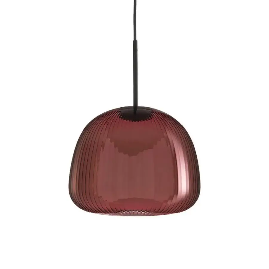 Distinguished melogranoblu Bes Suspension Lamp crafted in purple amethyst blown glass with a pleated texture and coated fabric cable