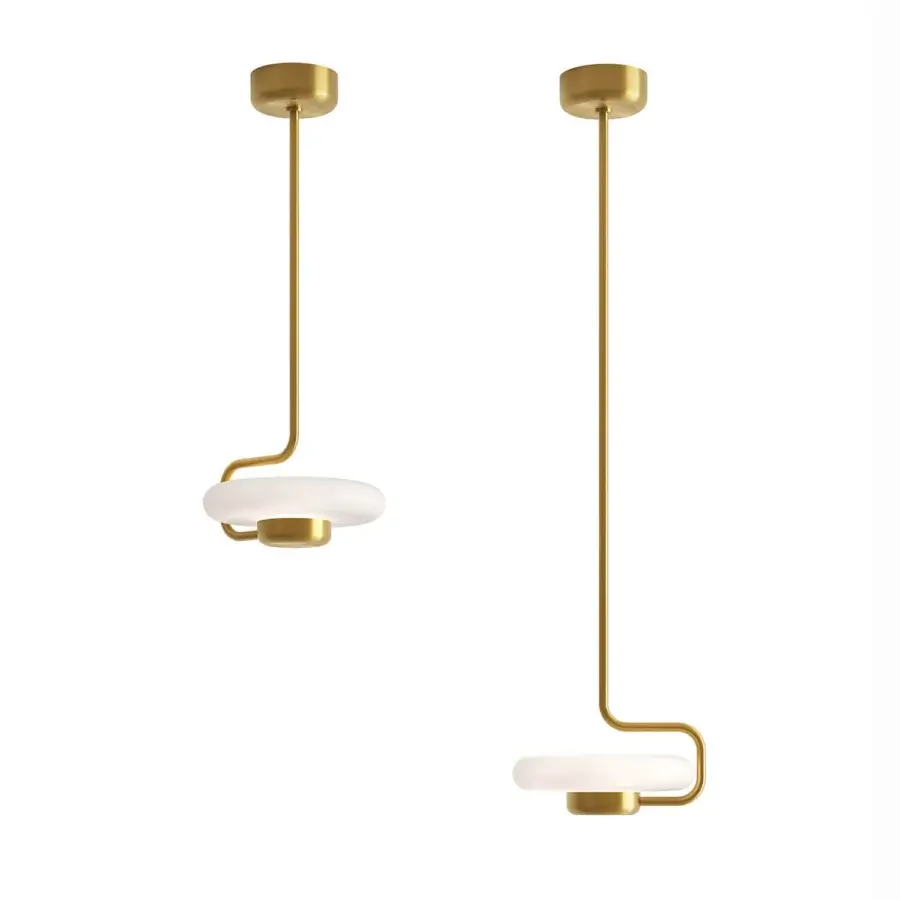 Exclusive Kundalini Tratto suspension lamp with curved form built in muted gold metal and translucent opal glass