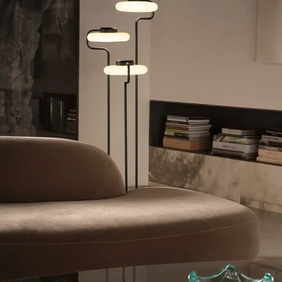 Superior Kundalini Tratto floor lamp crafted in metal and opal glass with dark matte finish