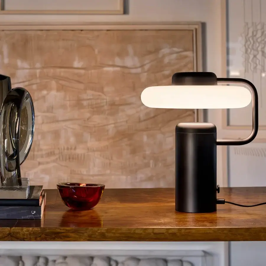 Distinguished Kundalini Tratto table lamp crafted in refined metal and opal glass with a matte black finish