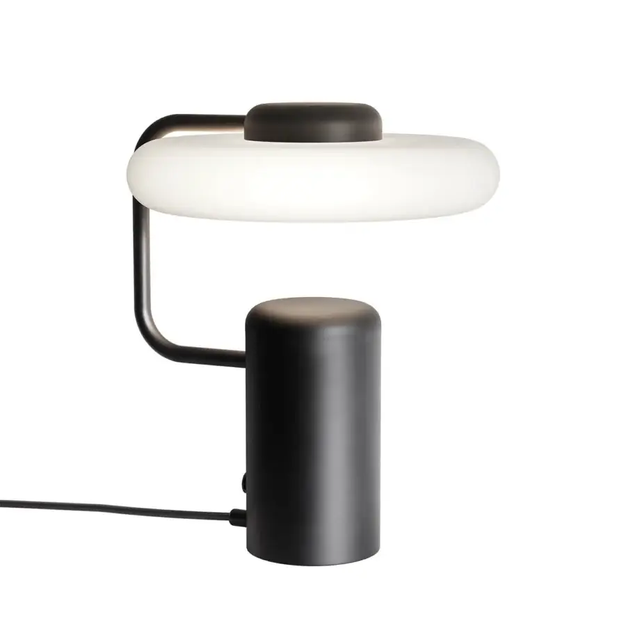 Exceptional Kundalini Tratto table lamp crafted in refined metal and opal glass with a muted gray finish
