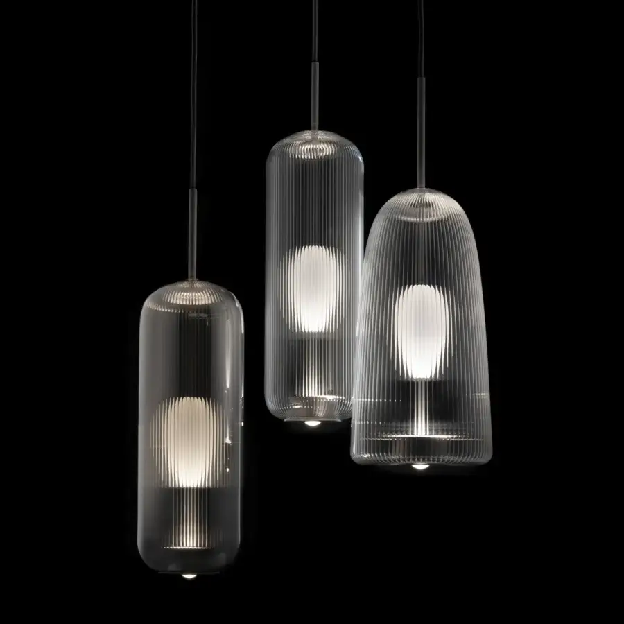 Exceptional melogranoblu Piero suspension lamp crafted in ruled handblown glass with a fluted effect and dark cord