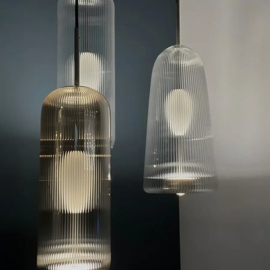 Superior melogranoblu Piero suspension lamp crafted in handblown glass with ribbed texture and matte metal finish